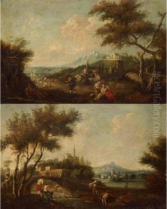 An Extensive Landscape With A Fisherman And Maids Beside A Pool, A Town Beyond