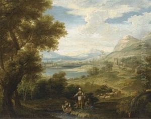 An Extensive Landscape With Shepherdesses And Washerwomen By Alake