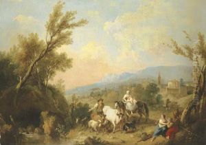 A Landscape With Peasants And Animals By A River With A Fortifiedtown On A Ridge Beyond