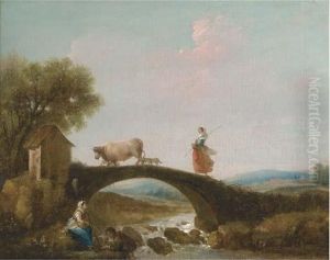 A River Landscape With A Girl Walking Over A Bridge, Anglers Beneath
