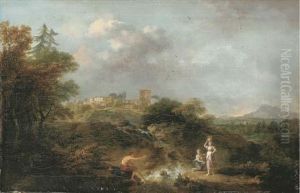 An Italianate River Landscape With A Herdsman And Women Fetching Water