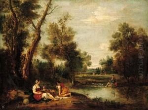 A Wooded River Landscape With Figures Resting On A Bank