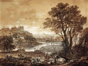 An Extensive River Landscape With Shepherds Resting Under A Tree By A Cascade by Francesco Zuccarelli
