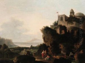 An Italianate Coastal Landscape With Peasants Before A Fortifiedhilltop Castle