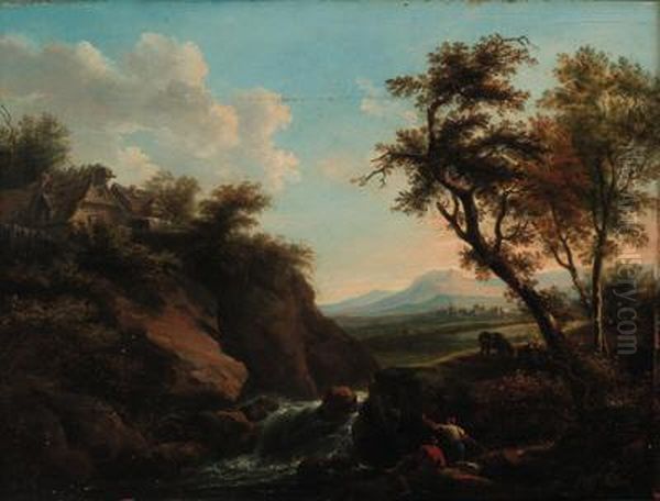 Figures In A Rocky River Landscape With A Town Beyond - view 1