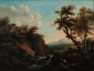 Figures In A Rocky River Landscape With A Town Beyond