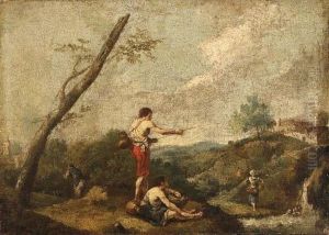 Zuccarelli, F.
An Italianate Landscape With Fishermen On The Banks Of A Stream, Awater Carrier Nearby by Francesco Zuccarelli