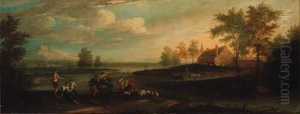 An Extensive River Landscape With Shepherds And Anglers On Abank - view 1