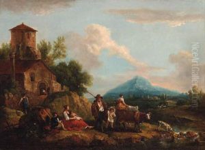 A Landscape With A Drover And Peasants On A River Bank Near Afarmhouse