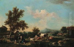 A River Landscape With Peasants, Cattle And Goats Near Farmbuildings by Francesco Zuccarelli