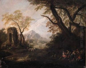 Gypsies On A River-bank In An Italianate Landscape