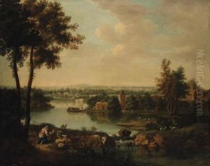 An Extensive River Landscape With A Maid Milking Goats On A Bank, Avillage Beyond