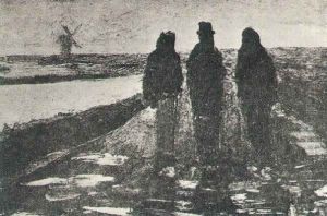 Three Figures Near A Canal With Windmill by Vincent Van Gogh