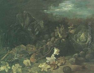Still Life With A Basket Of Potatoes Surrounded By Autumn Leaves And Vegetables