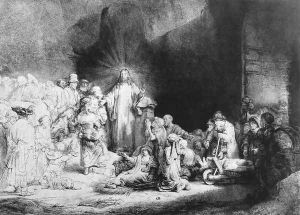 The Little Children Being Brought to Jesus, The 100 Guilder Print 1647-49 by Harmenszoon van Rijn Rembrandt