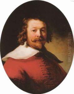 Portrait of a bearded man, bust-length, in a red doublet by Harmenszoon van Rijn Rembrandt