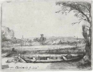 A Canal with a large Boat and Bridge by Harmenszoon van Rijn Rembrandt