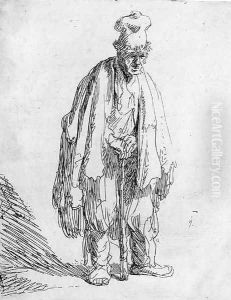 A Beggar in a high Cap, standing and leaning on a Stick