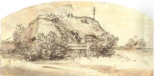 A ruined thatched cottage overgrown with bushes - view 1