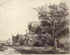Landscape with three gabled Cottages beside a Road