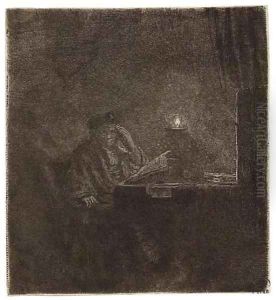 A Student at a Table by Candlelight by Harmenszoon van Rijn Rembrandt