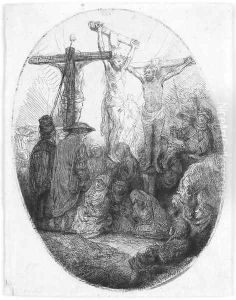 Christ crucified between the two Thieves An oval Plate by Harmenszoon van Rijn Rembrandt