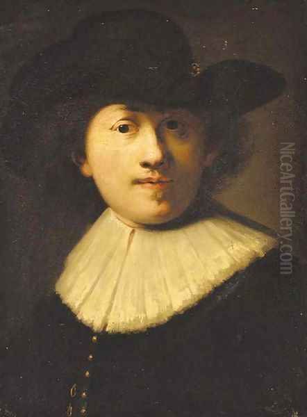 Portrait of the artist, bust length, in a black coat and hat - view 1