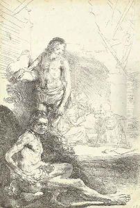 A nude Man seated and another standing, with a Woman and a Baby lightly etched in the Background by Harmenszoon van Rijn Rembrandt