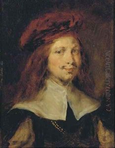 Portrait of a gentleman, bust length, wearing a red cap by Harmenszoon van Rijn Rembrandt