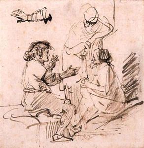 Joseph in Prison interpreting the Dreams of the Pharaoh's Baker and Butler, and a subsidiary study of an arm gesturing by Harmenszoon van Rijn Rembrandt
