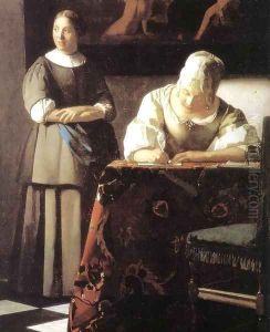 Lady Writing a Letter with Her Maid (detail) 2 by Jan Vermeer Van Delft
