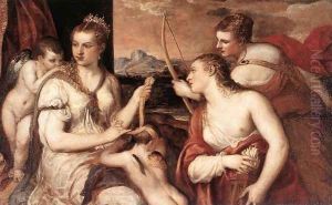 Venus Blindfolding Cupid c. 1565 by Tiziano Vecellio (Titian)