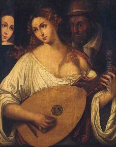 A woman playing the lute by an old man