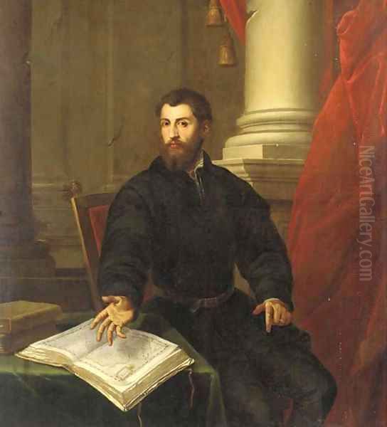 Portrait of a gentleman, three-quarter-length, in a black coat, seated at a table with an open atlas - view 1