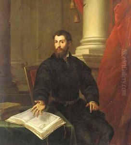 Portrait of a gentleman, three-quarter-length, in a black coat, seated at a table with an open atlas by Tiziano Vecellio (Titian)