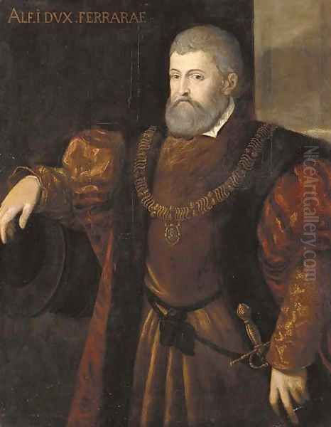 Portrait of Alfonso I, Duca di Ferrara, half-length, wearing a fur trimmed coat, his right arm resting on a cannon barrel - view 1