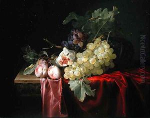 A still life with grapes, plums, figs and a melon on a partly draped stone ledge 1653 by Willem Van Aelst