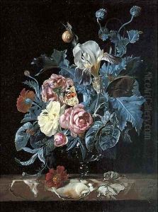 Roses, irises, poppies and other flowers in a glass vase by Willem Van Aelst