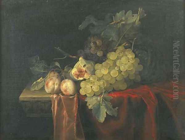 Grapes, plums, figs and a melon, on a partly draped stone ledge - view 1