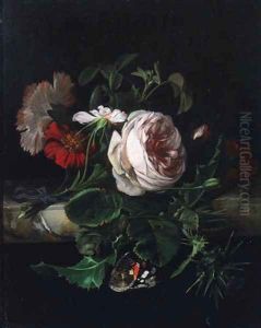 A sprig of damask roses by Willem Van Aelst