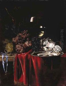 Grapes, a pocketwatch, a roemer, a silver ewer and a plate