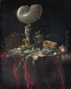 A nautilus cup, a pickled herring and a fillet on a pewter plate
