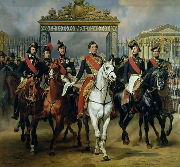King Louis-Philippe 1773-1850 of France and his sons leaving the Chateau of Versailles on horseback, 1846 - view 1
