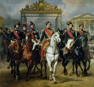 King Louis-Philippe 1773-1850 of France and his sons leaving the Chateau of Versailles on horseback, 1846 by Carle Vernet