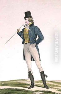 A Dandy in a Robinson hat, with childlike curls, knitted trousers, and riding boots, plate 5 in the Incroyable et merveilleuse series of fashion plates, engraved by Georges Jacques Gatine 1773-1831 published 1797 in Paris by Carle Vernet
