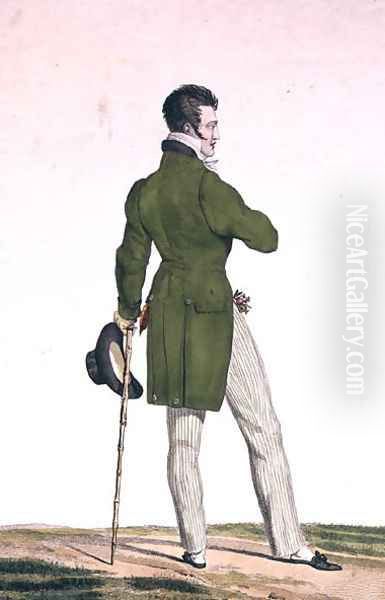 A Dandy with a 'Francois I' hairstyle and a collection of charms and trinkets, plate 3 in the Incroyable et merveilleuses series of fashion plates, engraved by Georges Jacques Gatine 1773-1831 published 1797 in Paris - view 1