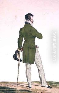 A Dandy with a 'Francois I' hairstyle and a collection of charms and trinkets, plate 3 in the Incroyable et merveilleuses series of fashion plates, engraved by Georges Jacques Gatine 1773-1831 published 1797 in Paris by Carle Vernet