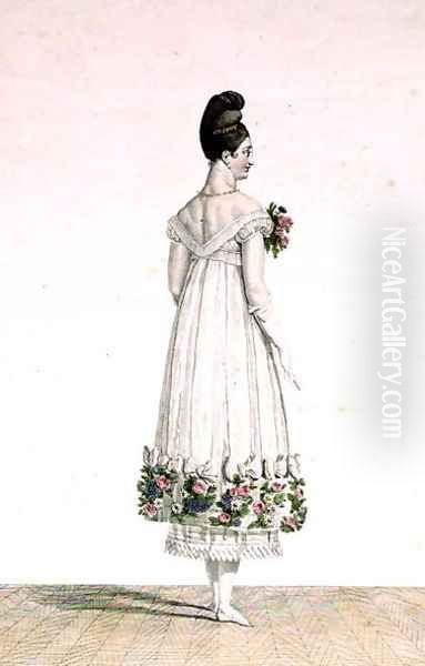 A Lady with an Asiatic hairstyle in a balldress trimmed with ribbons, plate 4 from the 'Incroyable et merveilleuse' series of fashion plates, engraved by Georges Jacques Gatine 1773-1831 published 1797 in Paris - view 1