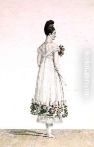 A Lady with an Asiatic hairstyle in a balldress trimmed with ribbons, plate 4 from the 'Incroyable et merveilleuse' series of fashion plates, engraved by Georges Jacques Gatine 1773-1831 published 1797 in Paris by Carle Vernet