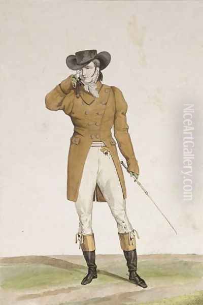 A Dandy dressed in a boat-shaped hat, a dun-coloured jacket and buckskin breeches, plate 1 from the Incroyable et merveilleuses series of fashion plates, engraved by Georges Jacques Gatine 1773-1831 published 1797 in Paris - view 1